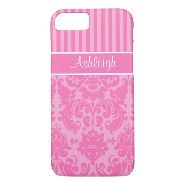 Rose, blanc rayé Damask iPhone 7 Coque (Dos)