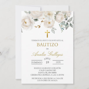 Rose blanche Baptême espagnol Invitation