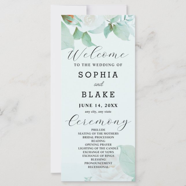 Rose blanche Feuilles verts Programme de mariage v (Devant)