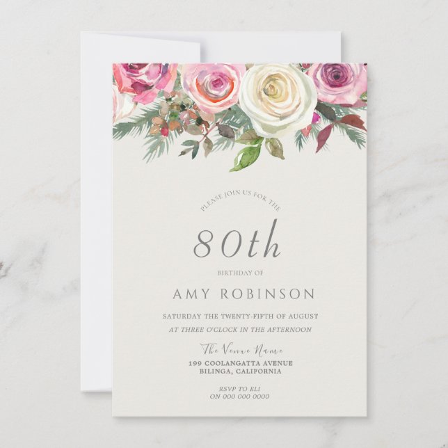 Rose blanche Floral 80e anniversaire Invitation de (Devant)