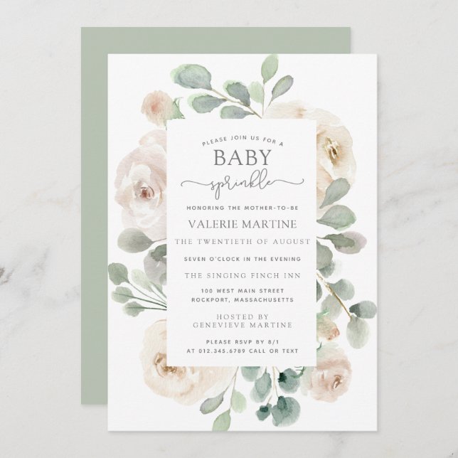 Rose blanche Floral Baby Sprinkl Invitation (Devant / Derrière)