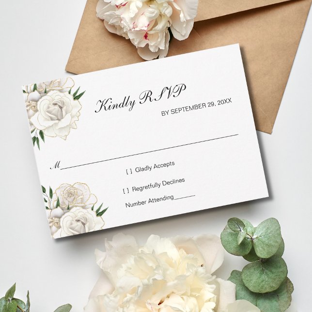 Rose blanche or floral élégant mariage formel RSVP (White Roses with gold trim Wedding RSVP Card. Formal Elegant 5x3.5 inches)