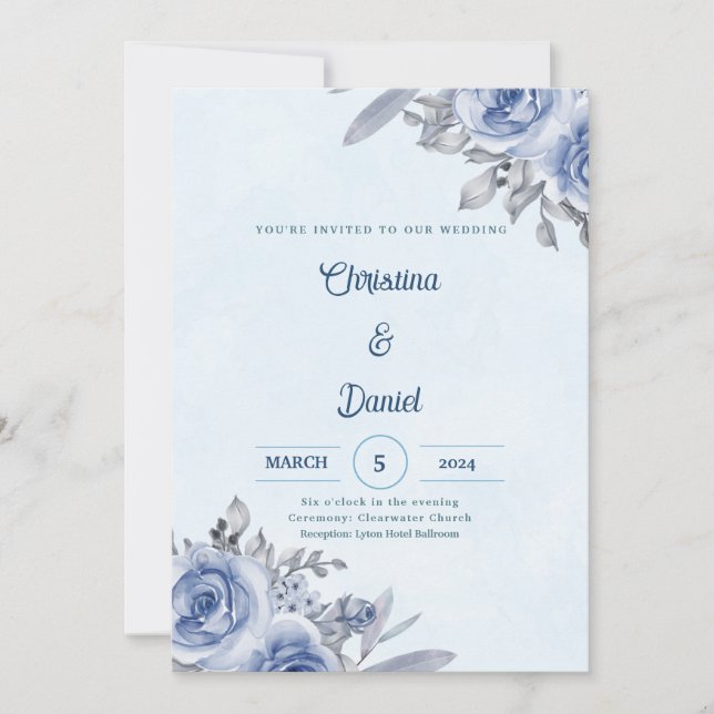 Rose bleu Aquarelle mariage invitations (Devant)