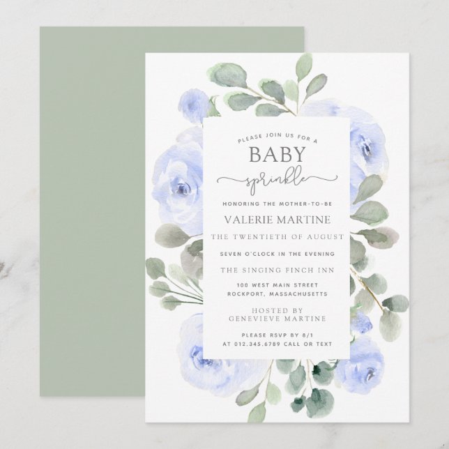Rose bleu Floral Baby Sprinkle Invitation (Devant / Derrière)