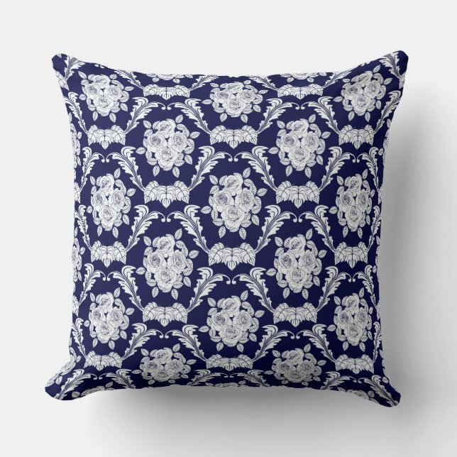 Rose bleu marine / Damas Coussin décoratif réversi (Recto)