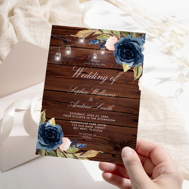 Rose bleu marine Faire-part de mariage en bois rus (Créateur téléchargé)
