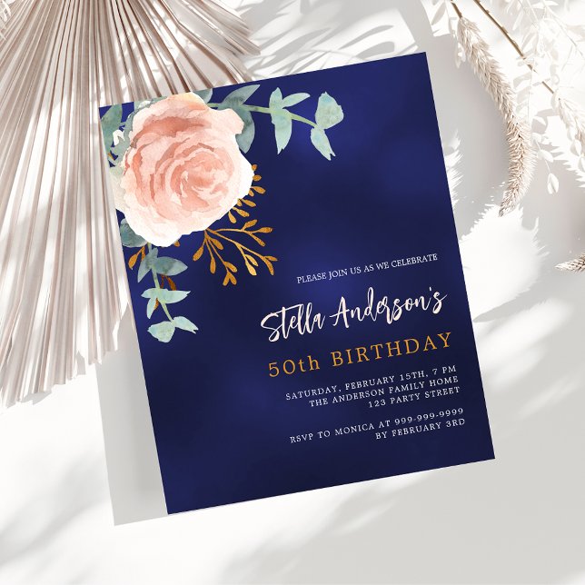 Rose bleu or fleuri budget anniversaire invitation (Créateur téléchargé)