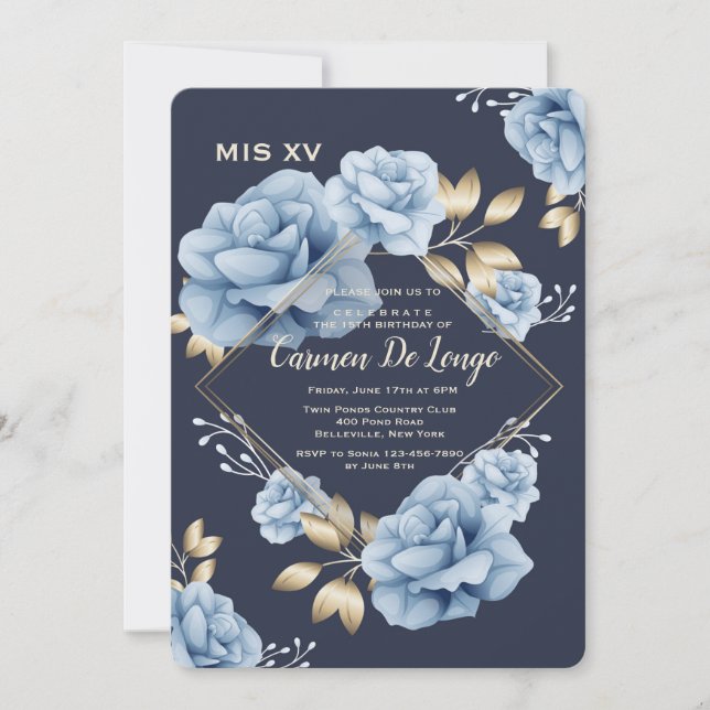 Rose bleu Quinceañera Invitation (Devant)