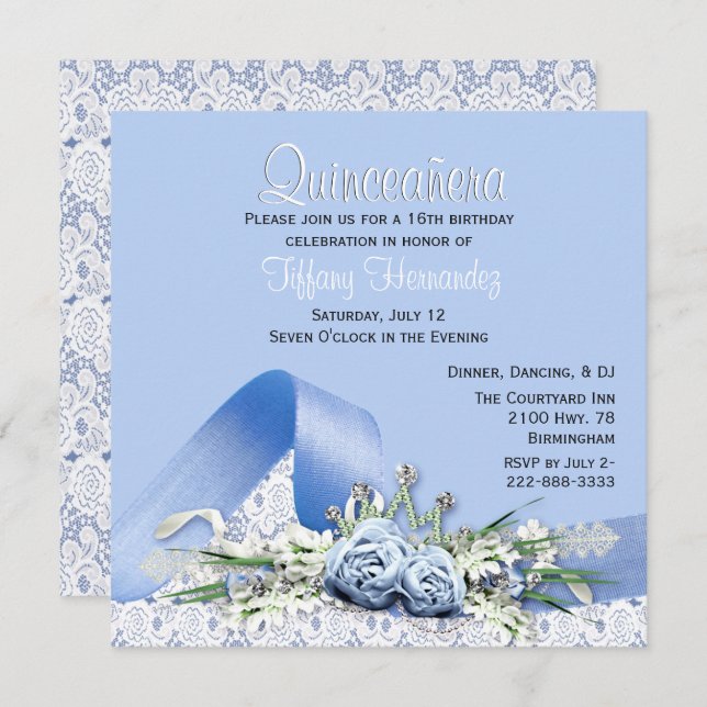 Rose bleu Quinceañera Invitation d'anniversaire (Devant / Derrière)