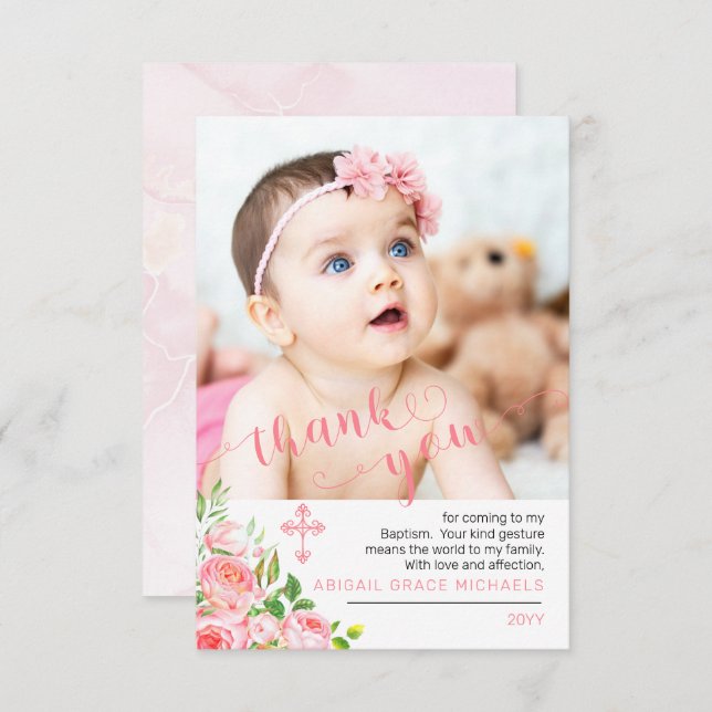 Rose Blooms Baptême Merci photo (Devant / Derrière)