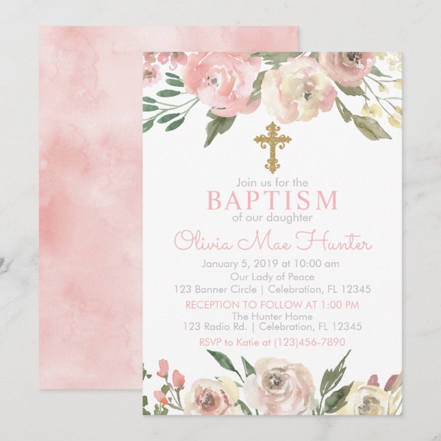 Rose Blooms Girl Baptism Invitation (Devant / Derrière)