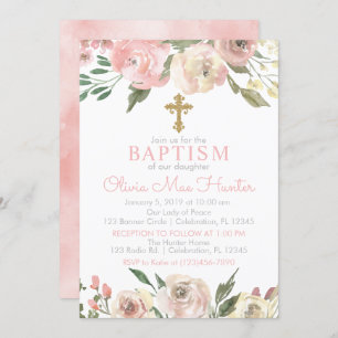 Rose Blooms Girl Baptism Invitation