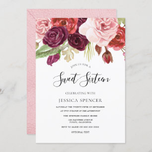 Rose Blush & Bourgogne Fleurs Douce 16 Invitation