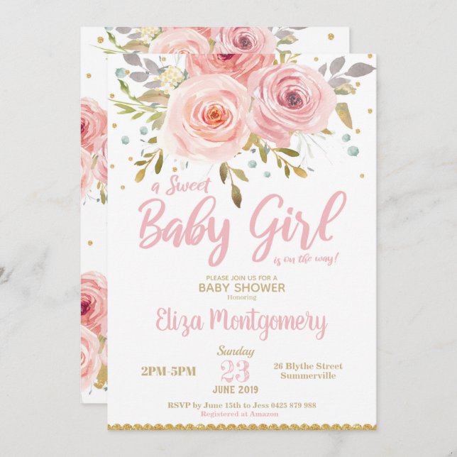 Rose Blush Floral Baby shower Invitation fille (Devant / Derrière)