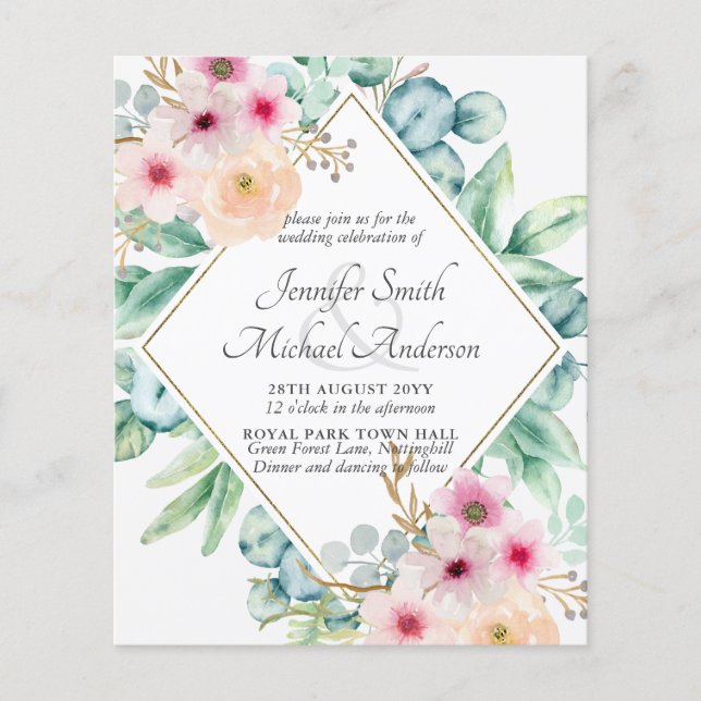 Rose Blush Floral Greenery Mariage Invite BUDGET (Devant)