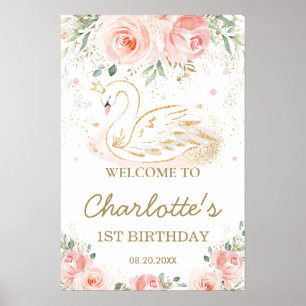 Rose Blush Floral Swan 1er anniversaire Affiche de