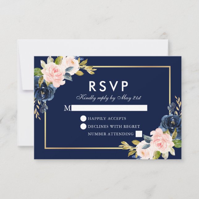 Rose Blush Floral Wedding RSVP Blue Gold (Devant)