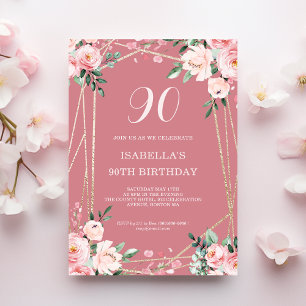 Rose   Blush Pink Floral 90th Birthday Invitation