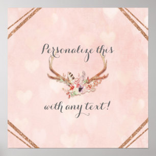 Rose Blush Pink Floral Deer Antlers Banner Poster
