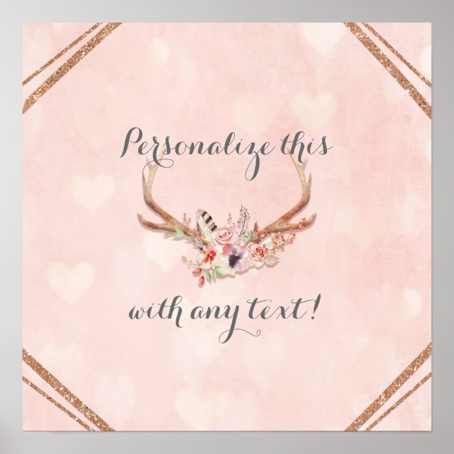 Rose Blush Pink Floral Deer Antlers Banner Poster (Devant)