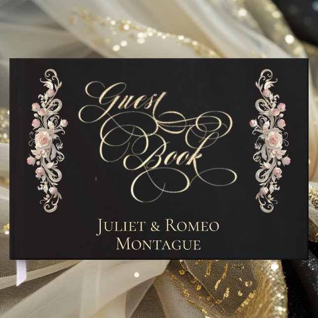 Rose Border & Heart Monogram - Livre d'or Noir (Créateur téléchargé)