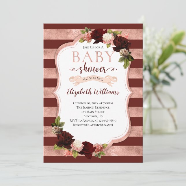 Rose Bourgogne Gold Marsala Baby shower Invitation (Debout devant)