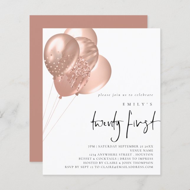 Rose Budget Gold Ballons Script 21st Party Invitat (Devant / Derrière)
