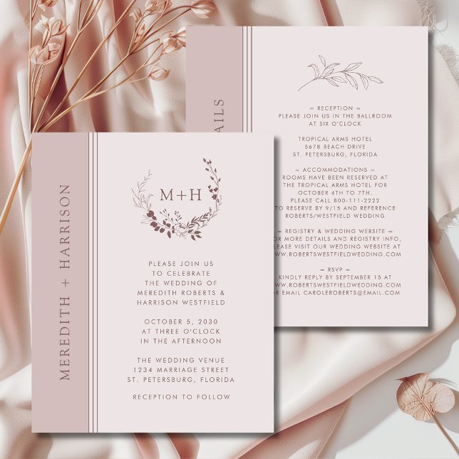 Rose Budget Gold Blush Monogram Mariage Invitation (Budget Rose Gold Blush Monogram Wreath All in One with Details Wedding Invitation)