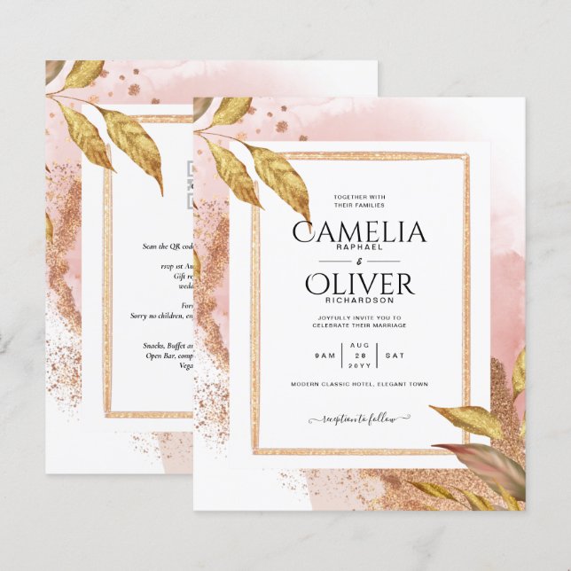 ROSE BUDGET Gold Feuilles de mariage Inviter QR Co (Devant / Derrière)