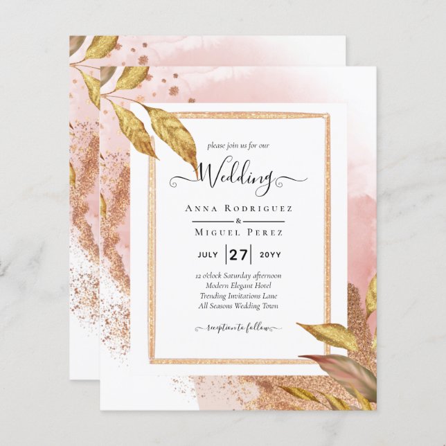 ROSE BUDGET Gold Feuilles de mariage Inviter QR Co (Devant / Derrière)