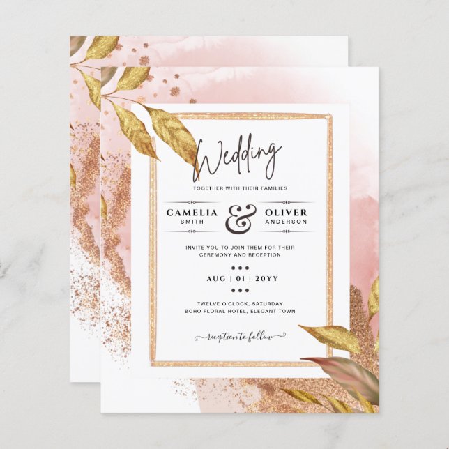ROSE BUDGET Gold Feuilles de mariage Inviter QR Co (Devant / Derrière)