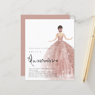 Rose Budget Gold Gown Brunette Hair QR Quinceañera