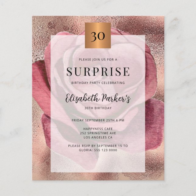 Rose budget or 30e anniversaire invitation (Devant)