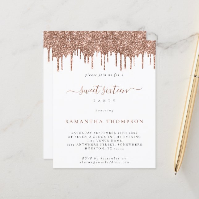 Rose budget Parties scintillant Drips Sweet 16 Inv (Devant/Arrière en situation)