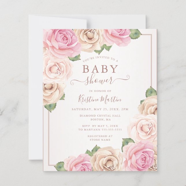 Rose budgétaire Aquarelle Floral Baby shower Invit (Devant)