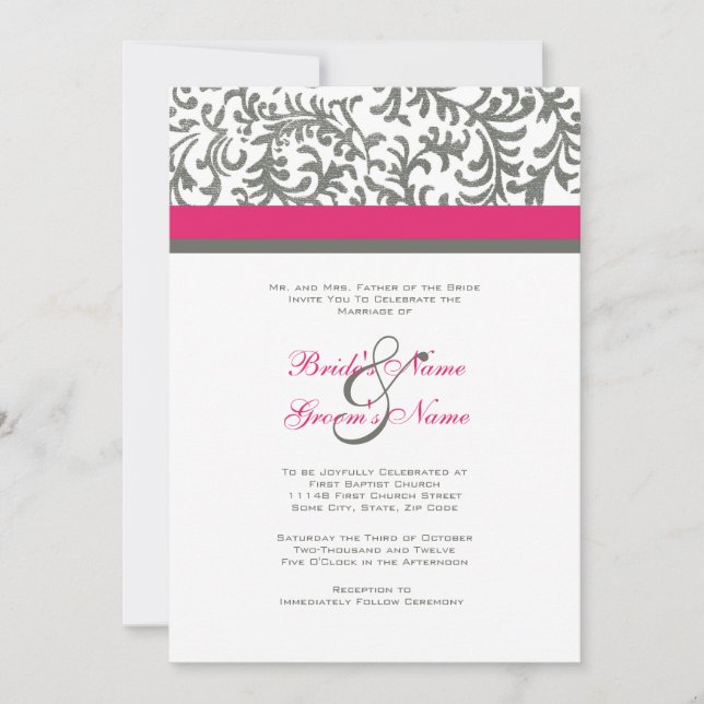 Rose chaud et Faire-part de mariage gris (Devant)