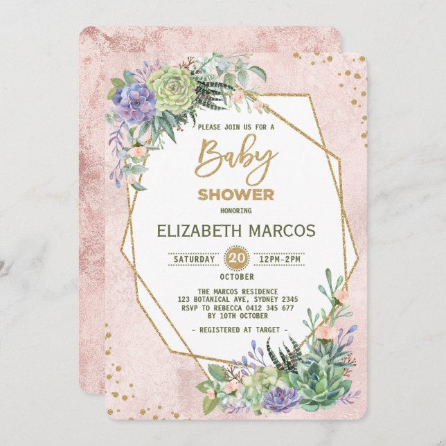 Rose Chic Gold Fiesta Baby shower Invitation géomé (Devant / Derrière)