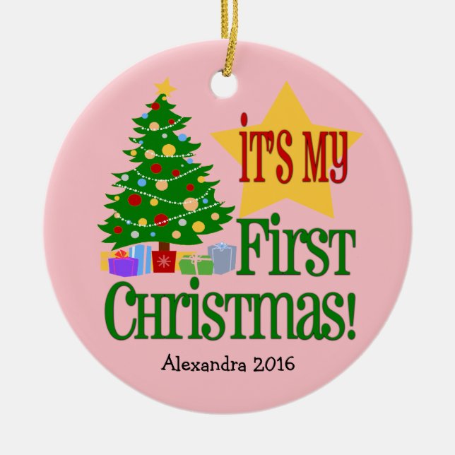 Rose clair avec arbre premier ornement de Noël pou (Devant)