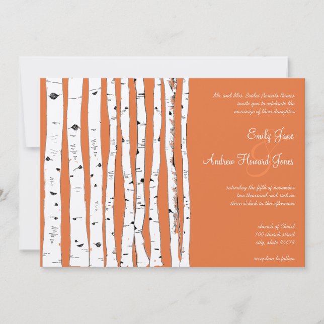 Rose corail Birch Tree Invitations de mariage (Devant)