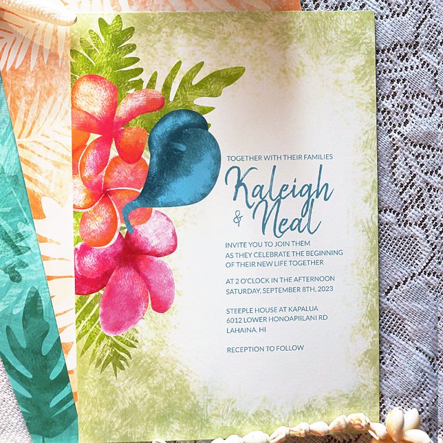 Rose, Corail, Faire-part de mariage Turquoise trop (Wedding Invite w/Coral,  Pink Plumeria Flowers w/ Tropical Teal Calla Lily and Green Island Leaves)