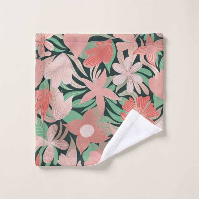 Rose Coral vert  Floral Feuilles Illustrations (Gant de toilette)