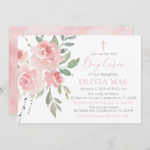 Rose d'aquarelle Garden Girl Baptism Invitation