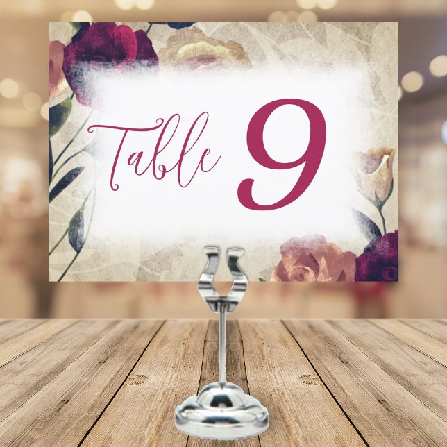 Rose de Bourgogne et de Beige Numéro de table Sign (wedding reception table number sign, burgundy calligraphy script, red, beige, teal roses)