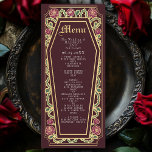 Rose de café gothique Menu Mariage rouge<br><div class="desc">Ajoutez une touche d'élégance gothique à votre festin avec ces menus mariages à la structure en forme de cercueil, ornés d'épines, de roses et d'accents dorés contre un riche arrière - plan rouge. Parfait pour un dîner romantique ! Personnalisez le texte, la police et la couleur arrière - plan en...</div>