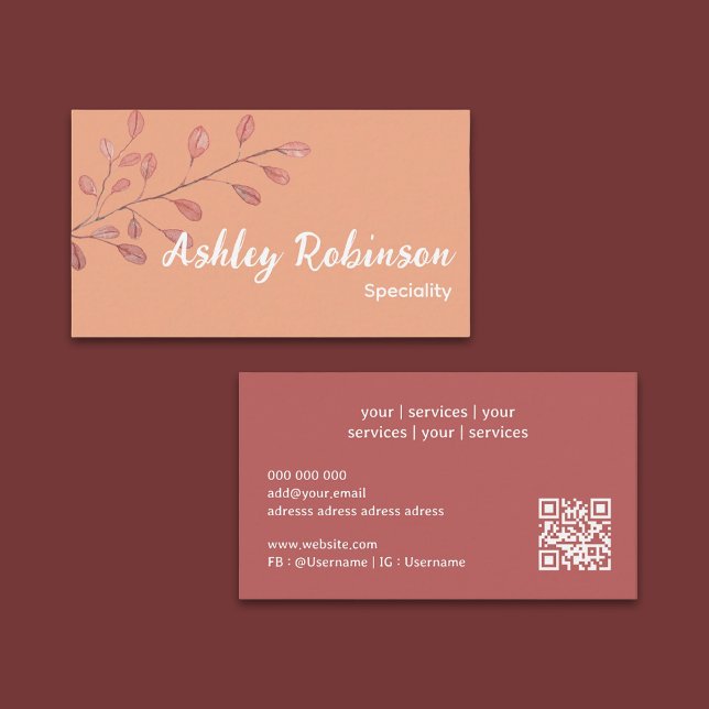 Rose de code QR minimal Carte de visite feuille de (Minimal QR code rose terracotta leaf Business Card)