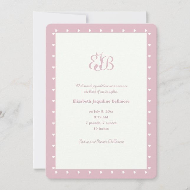 Rose de faire-part de naissance de monogramme (Devant)