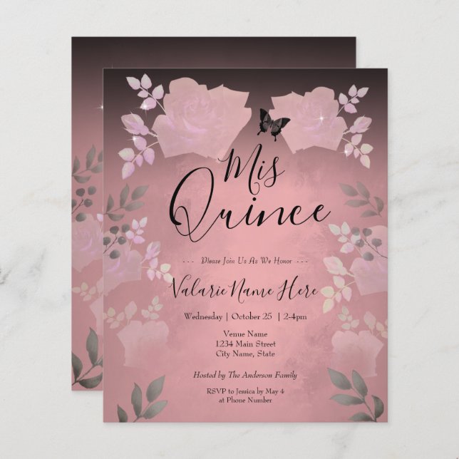 Rose de glace rose Floral Quinceanera Budget Invit (Devant / Derrière)