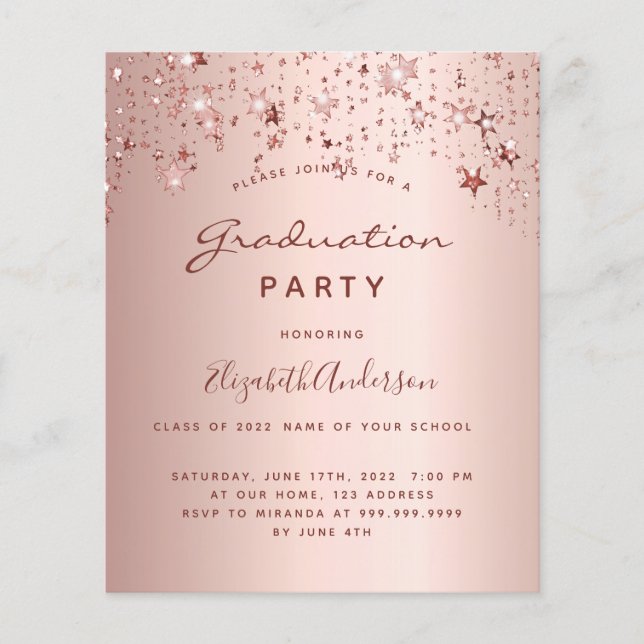 Rose de la fête de graduation or étoiles invitatio (Devant)