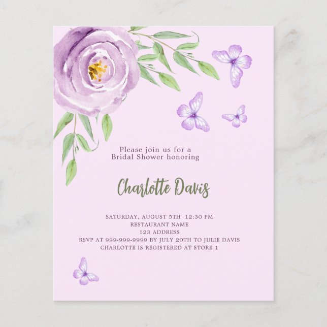 Rose de papillons violet Douche nuptiale invitatio (Devant)