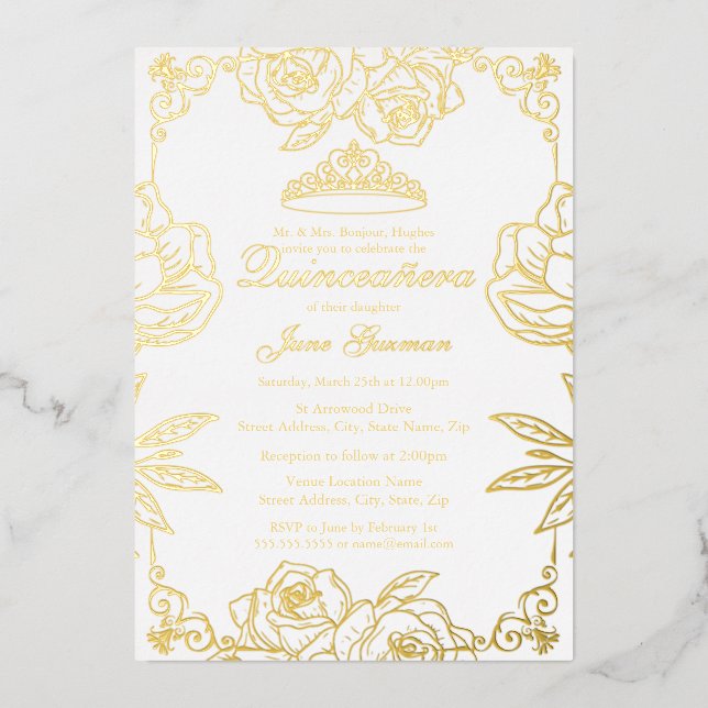 Rose d'or blanc Jardin Quinceanera Foil Invitation (Recto)